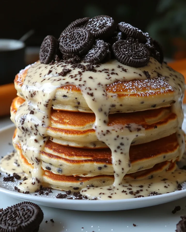 Creamy Oreo Pancakes with No-Bake Cream Cheese Drizzle